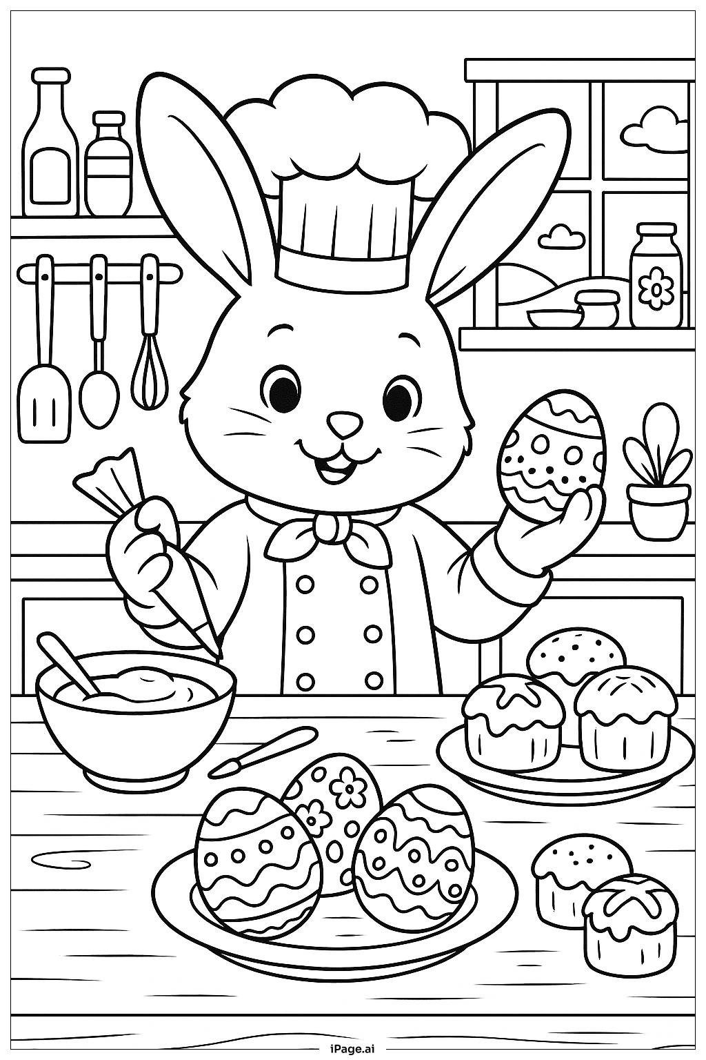 Página para colorear de Cocina del Conejo de Pascua Chef