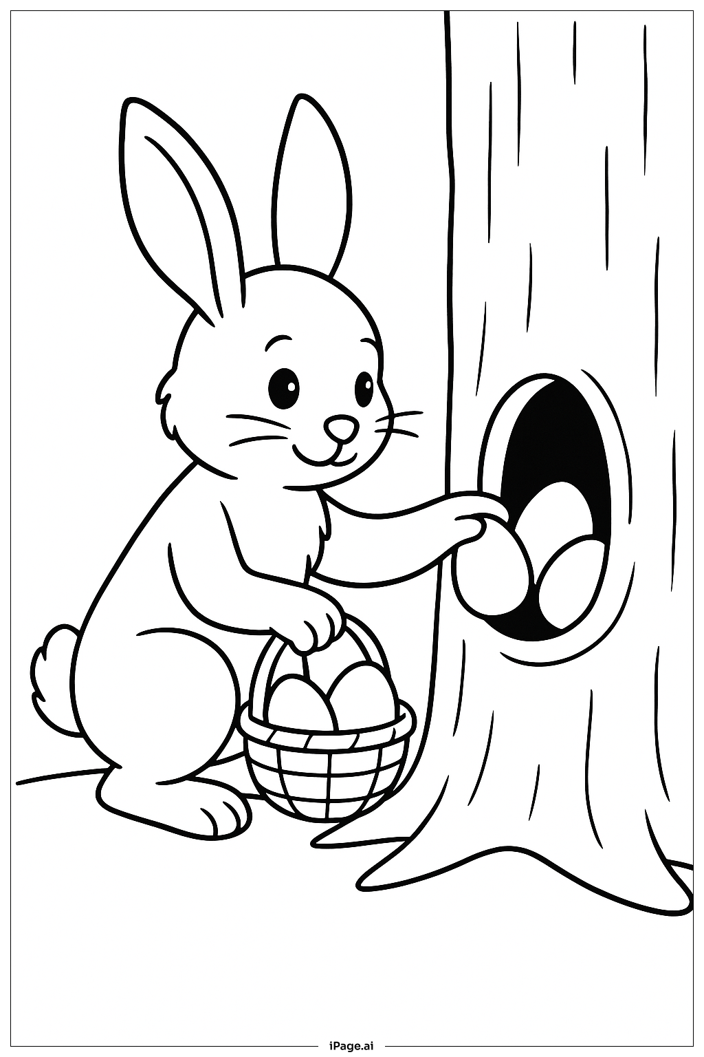  复活节兔子在树洞里藏彩蛋填色页 