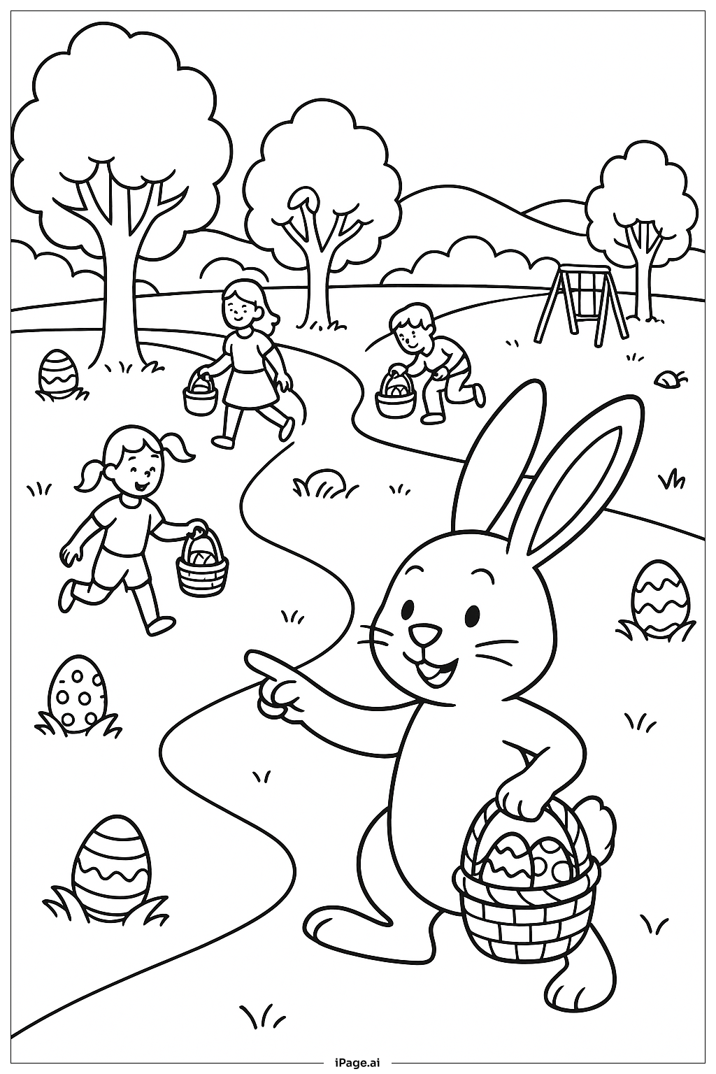  复活节兔子带领找彩蛋填色页 