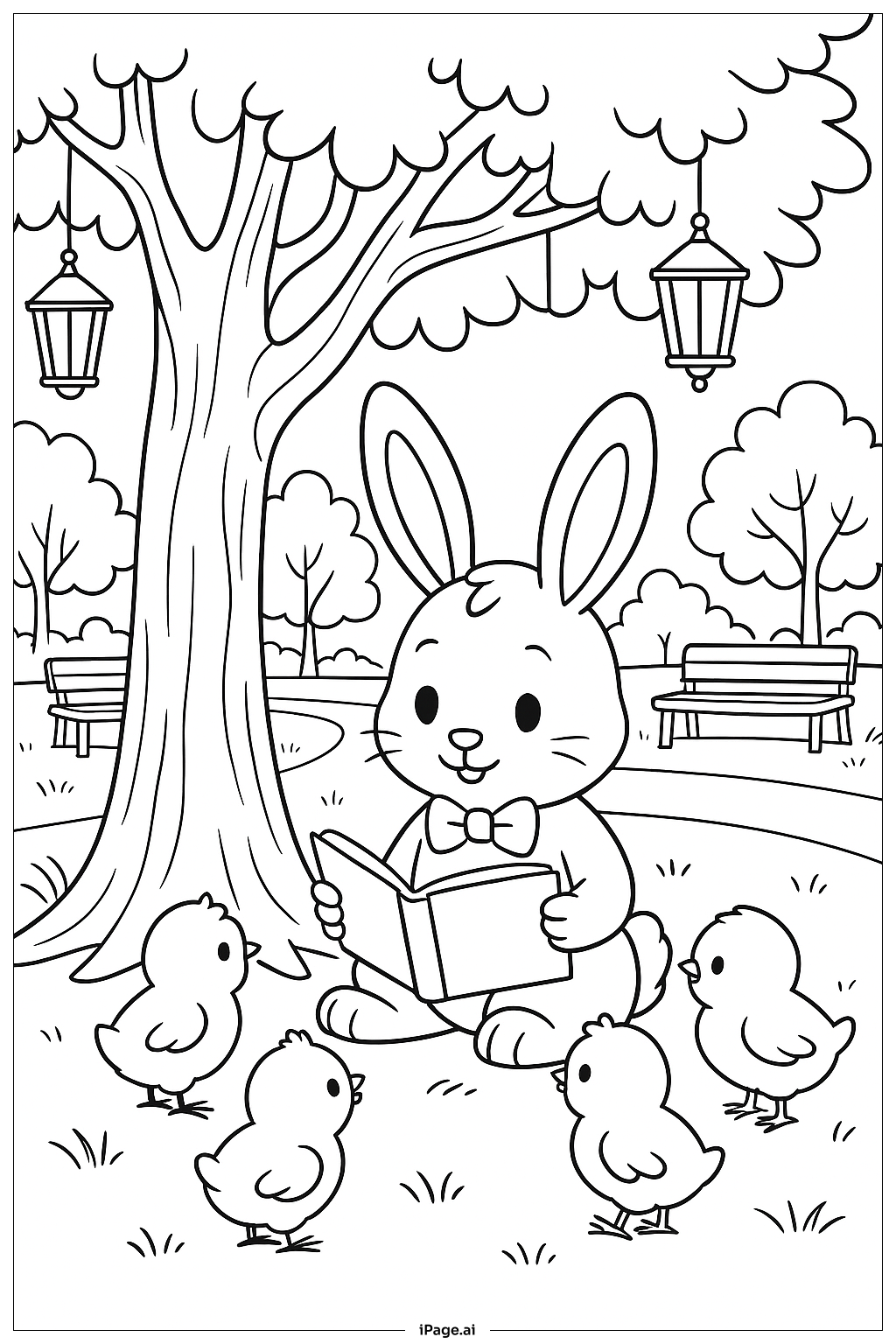 Página para colorear de Hora del Cuento con el Conejo de Pascua en el Parque