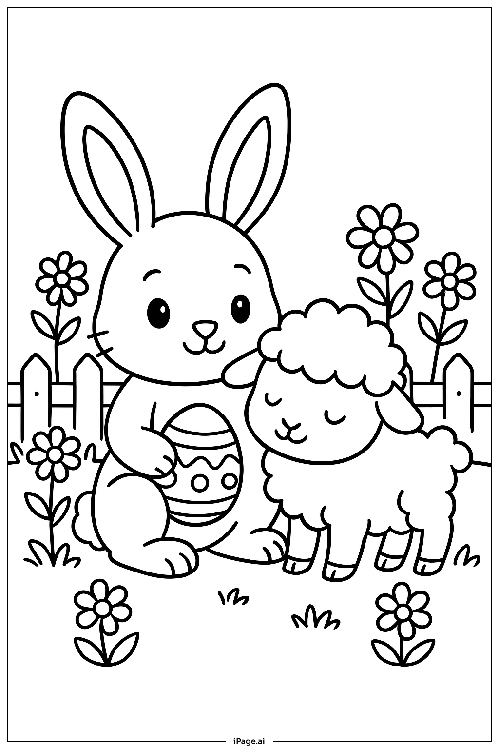  复活节兔子和小羊填色页 