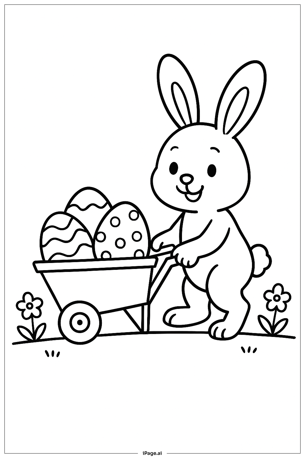  带独轮车的复活节兔子填色页 