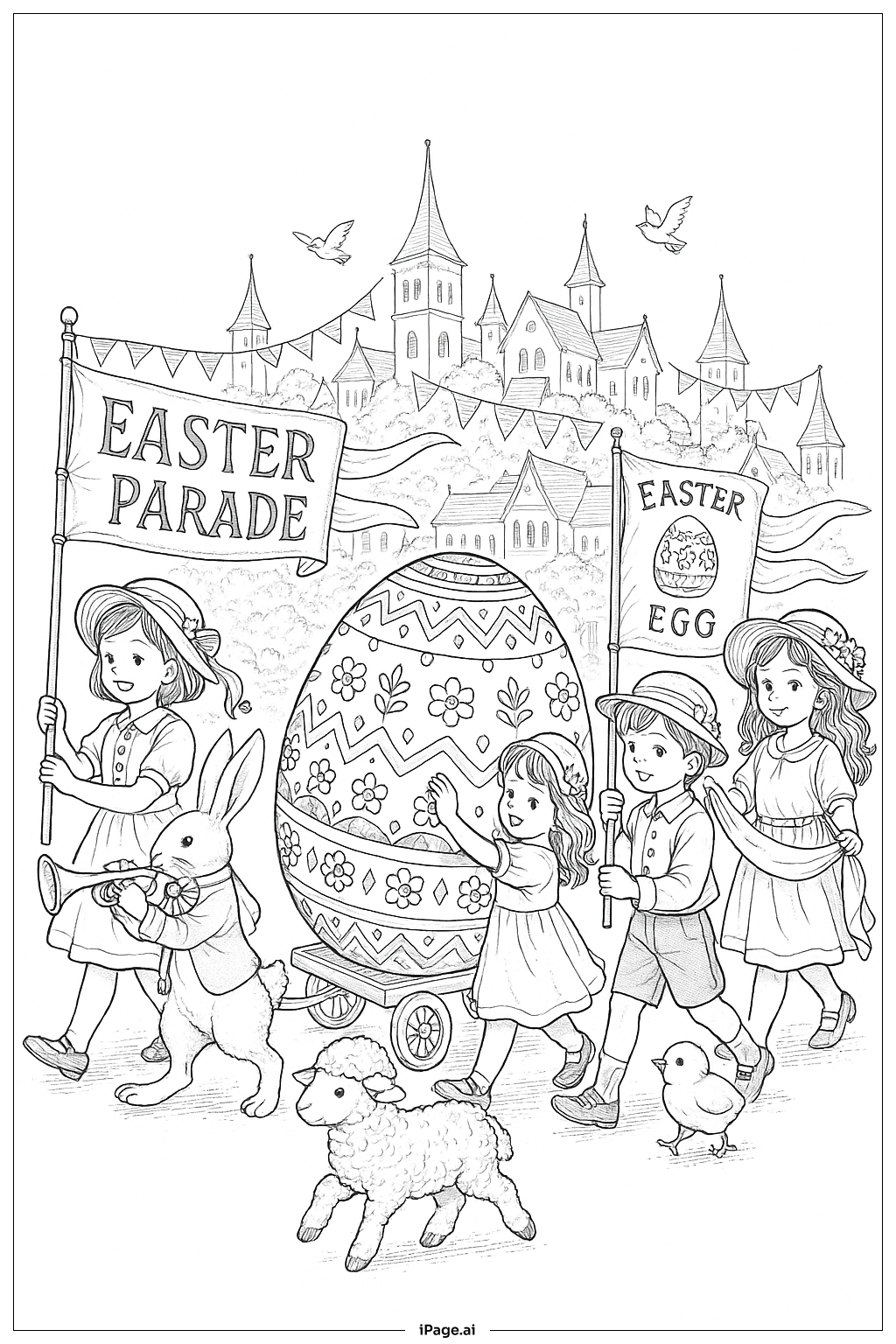  이스터 에그 퍼레이드 장면 색칠공부 페이지 