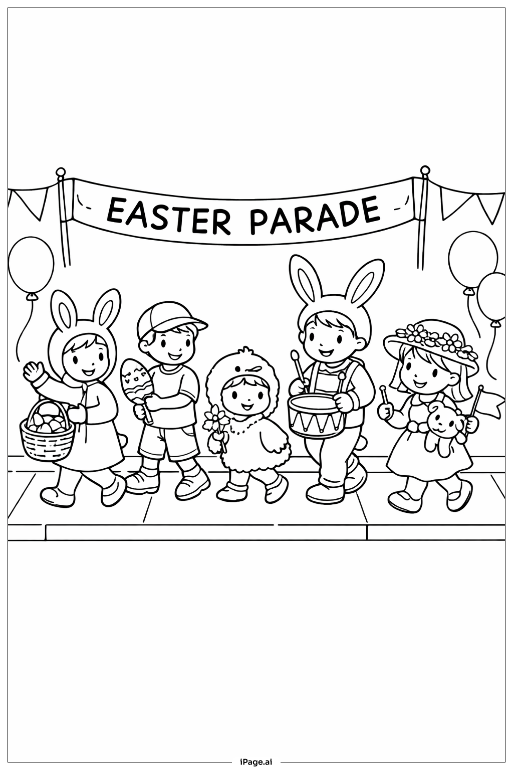  Osterparade mit Kindern Ausmalseite 