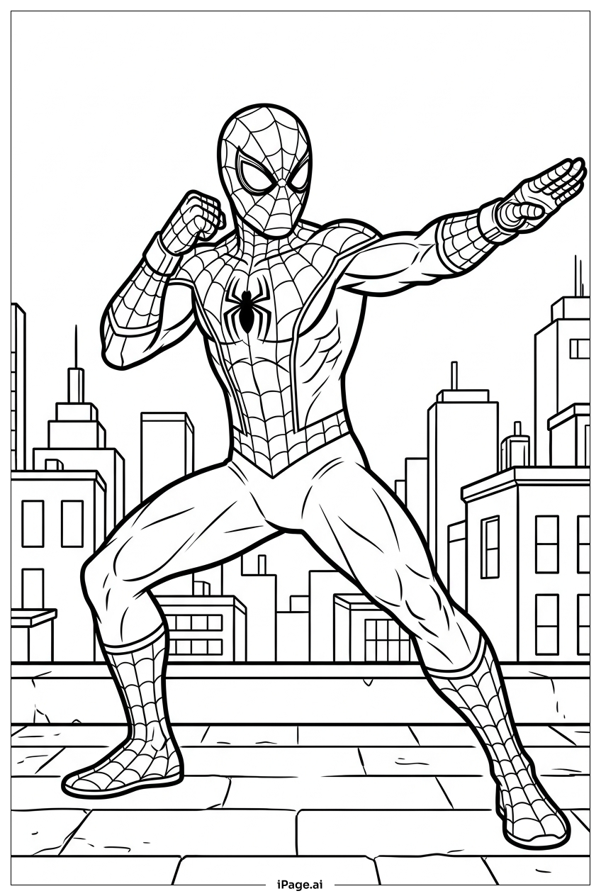 Página para colorir de Homem-Aranha assume postura marcial contra vilões