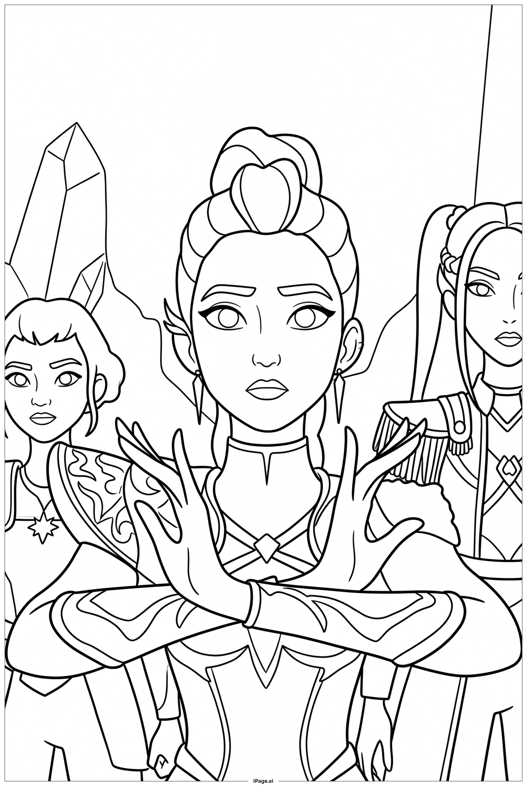  Kpop Demon Hunters squad forms protective sigil Coloring Page 