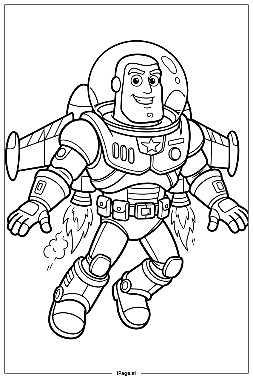 Buzz Lightyear fliegt mit brüllendem Jetpack Ausmalseite