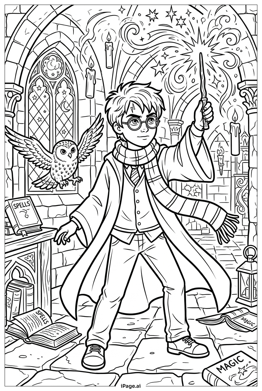 Página para colorir de Harry Potter Iluminando o Salão do Castelo com a Varinha