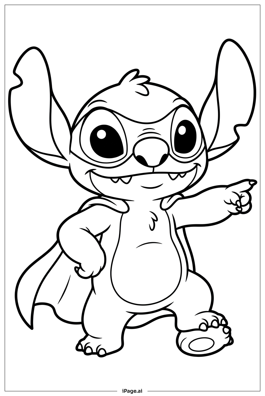 英雄的なマントを身に着けて前方を指差すスティッチの塗り絵ページ