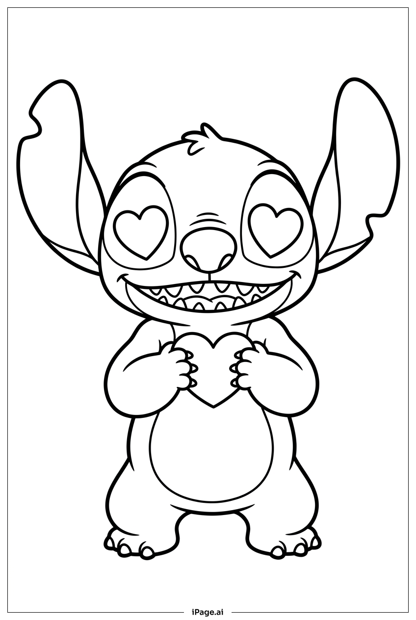 ステッチがかわいいハートを抱きしめるの塗り絵ページ