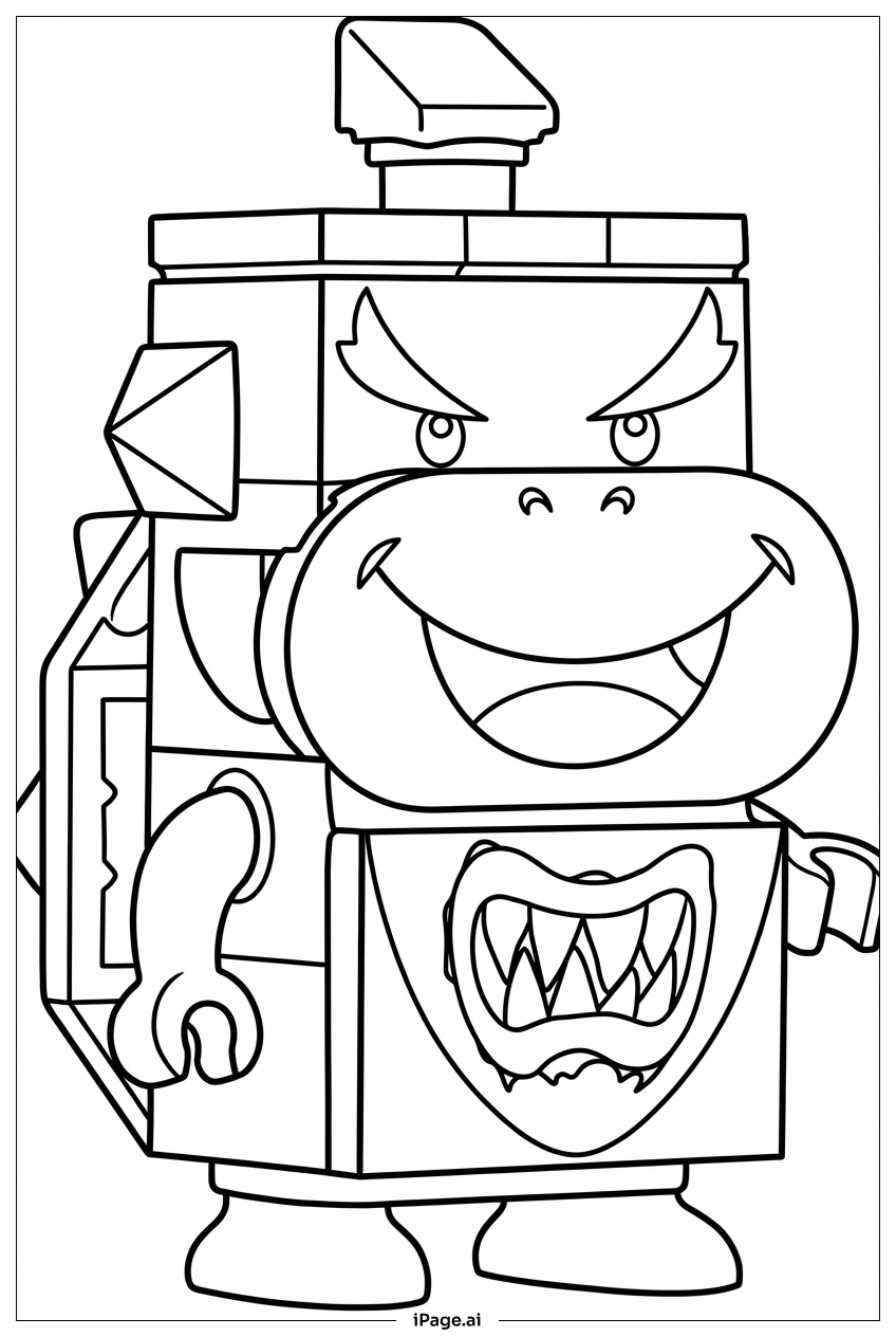 Page de coloriage Bowser Jr affiche un mécha en briques avec outils et sourire