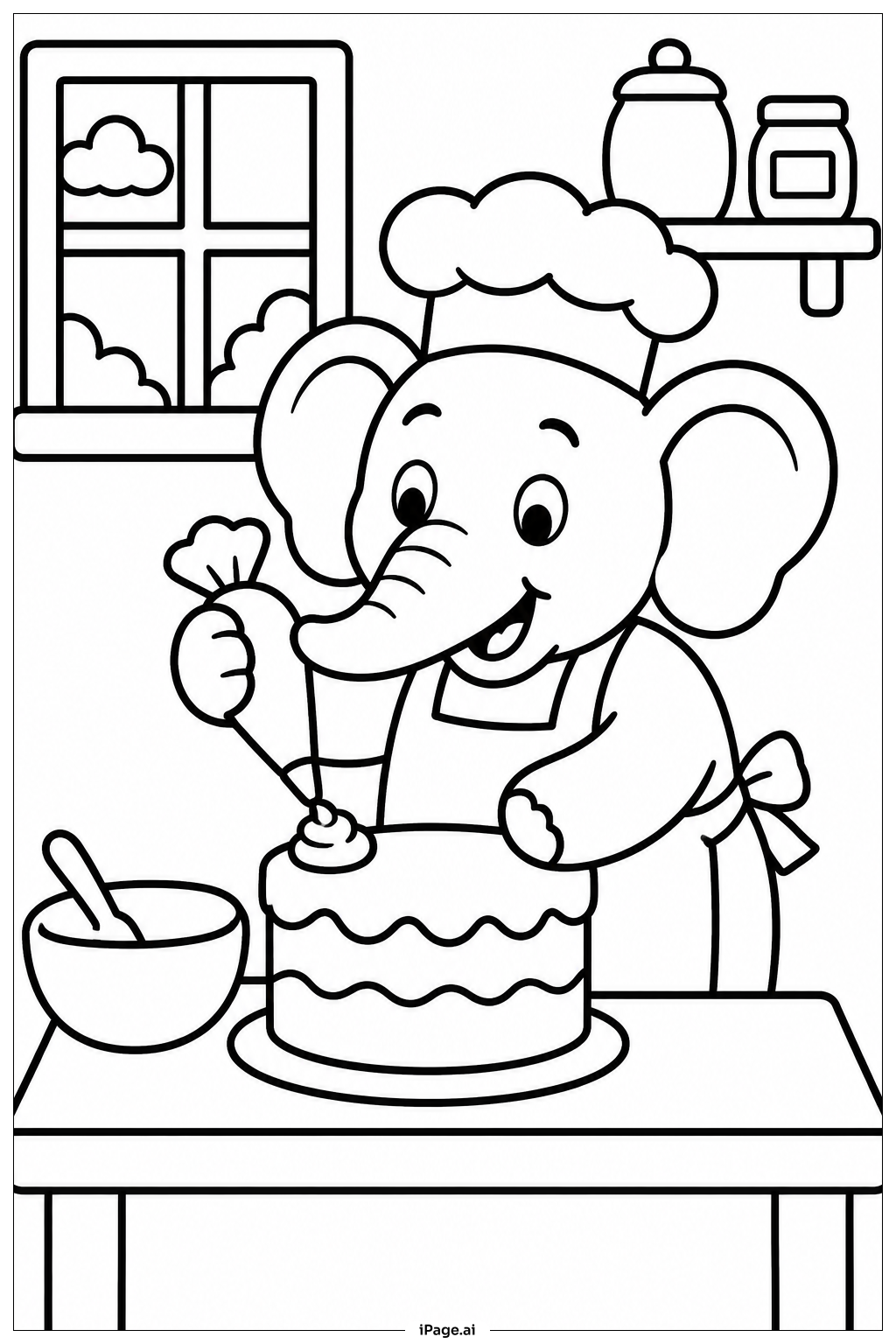 ケーキを焼くゾウの塗り絵ページ