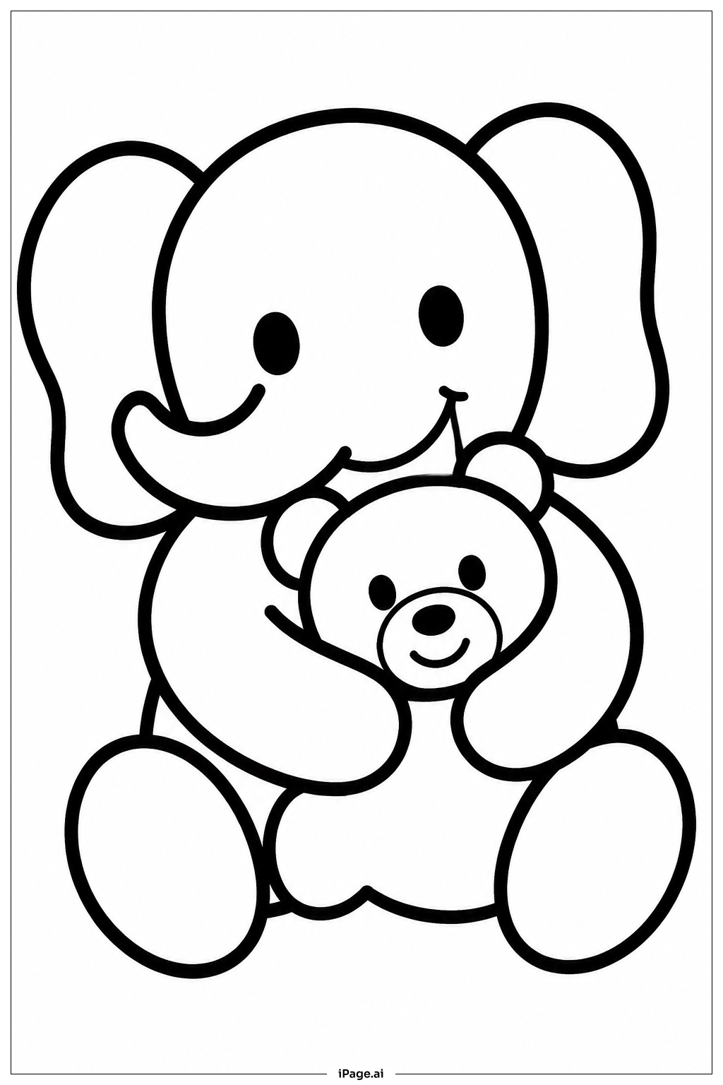 クマのぬいぐるみを抱きしめるゾウの塗り絵ページ