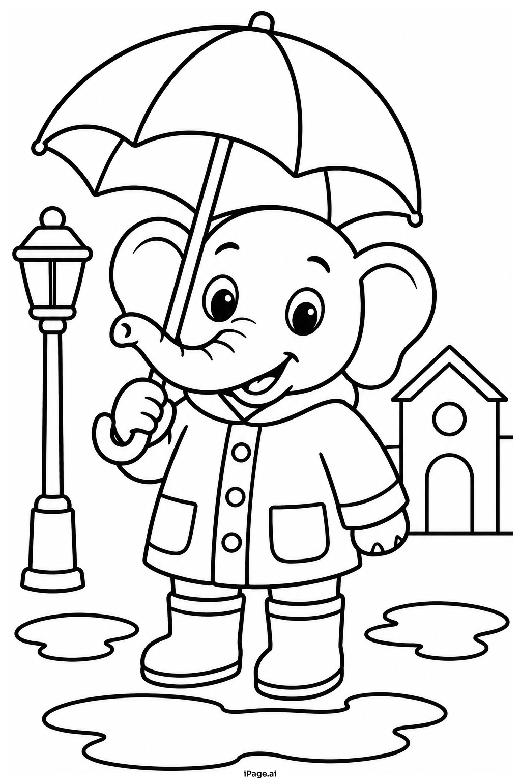 Page de coloriage Éléphant sous la pluie