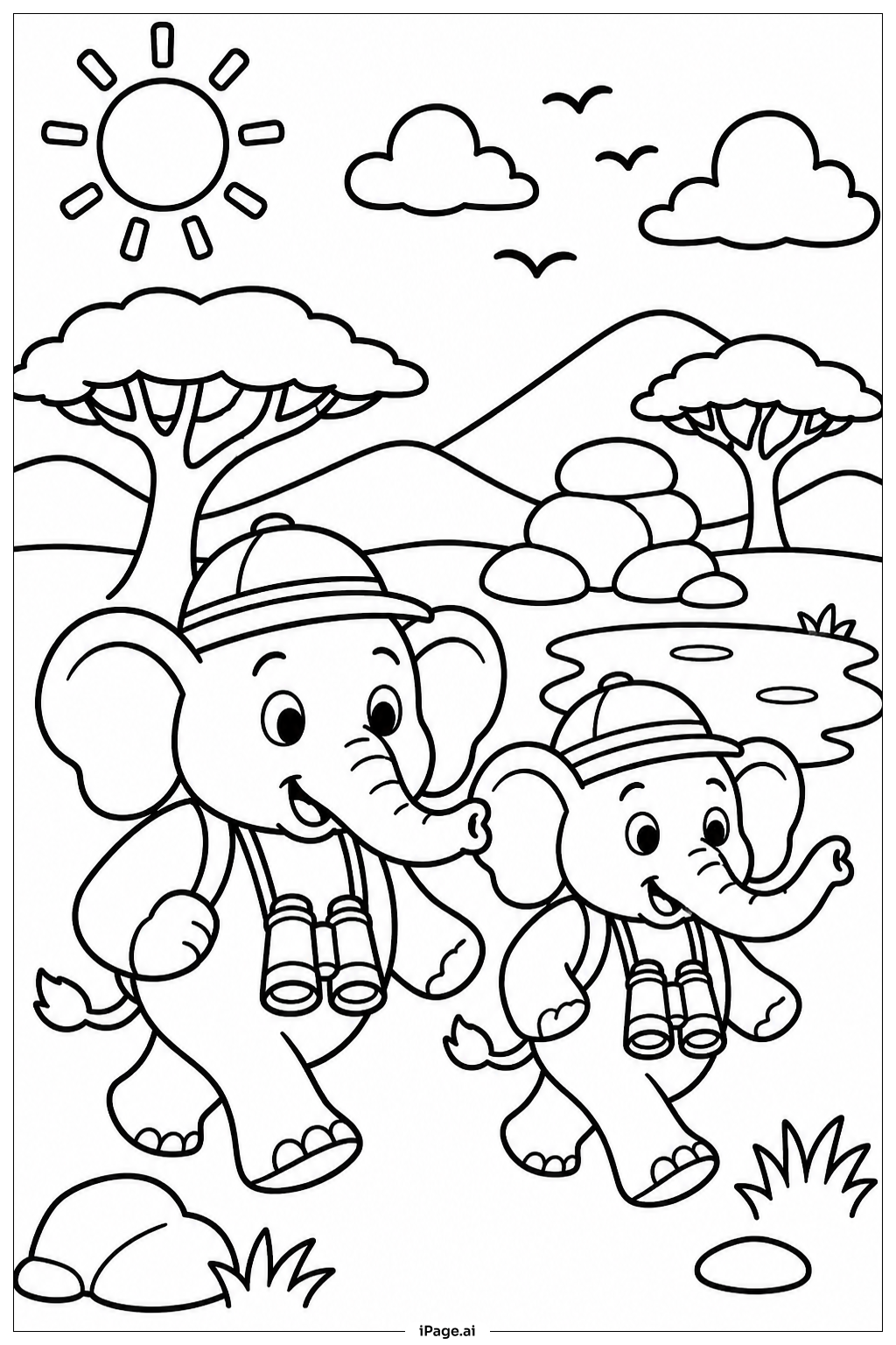 Elefant auf Safari Ausmalseite