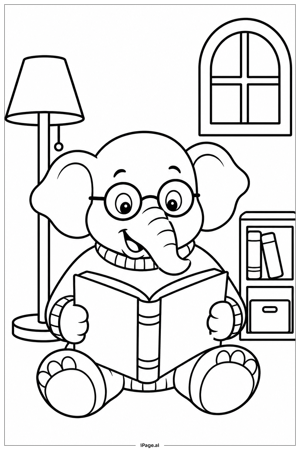 本を読むゾウの塗り絵ページ