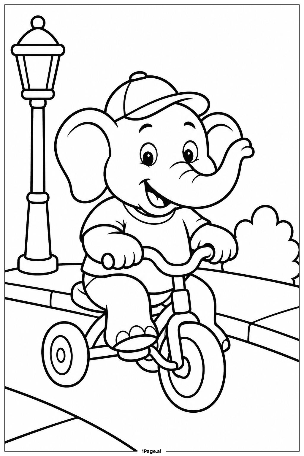  Página para colorear de Elefante en Triciclo 