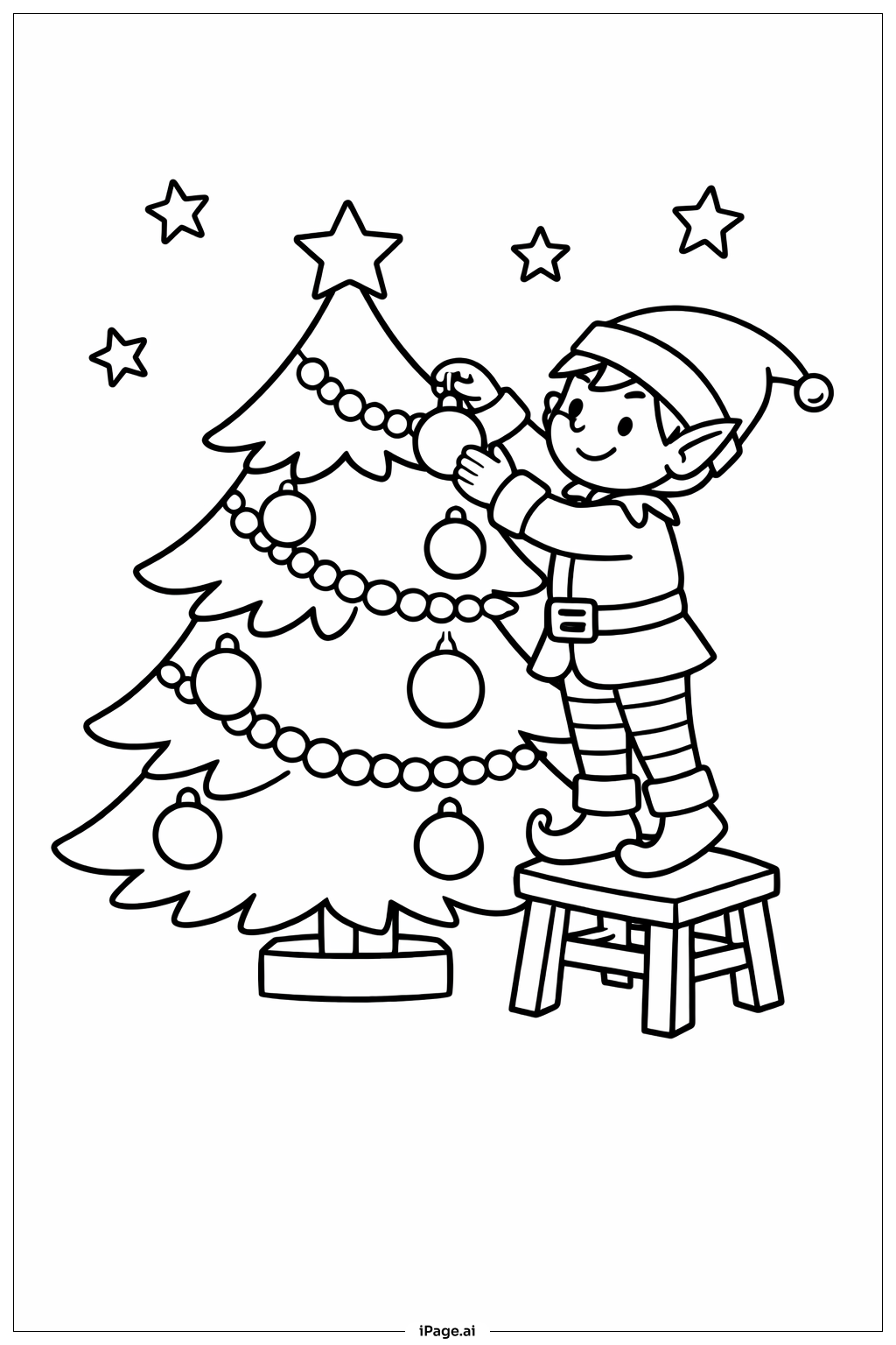  Elf schmückt Baum Ausmalseite 