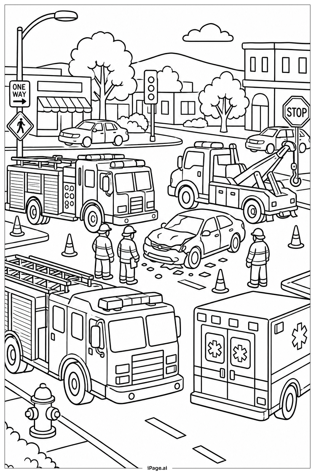 緊急車両が現場に集結の塗り絵ページ