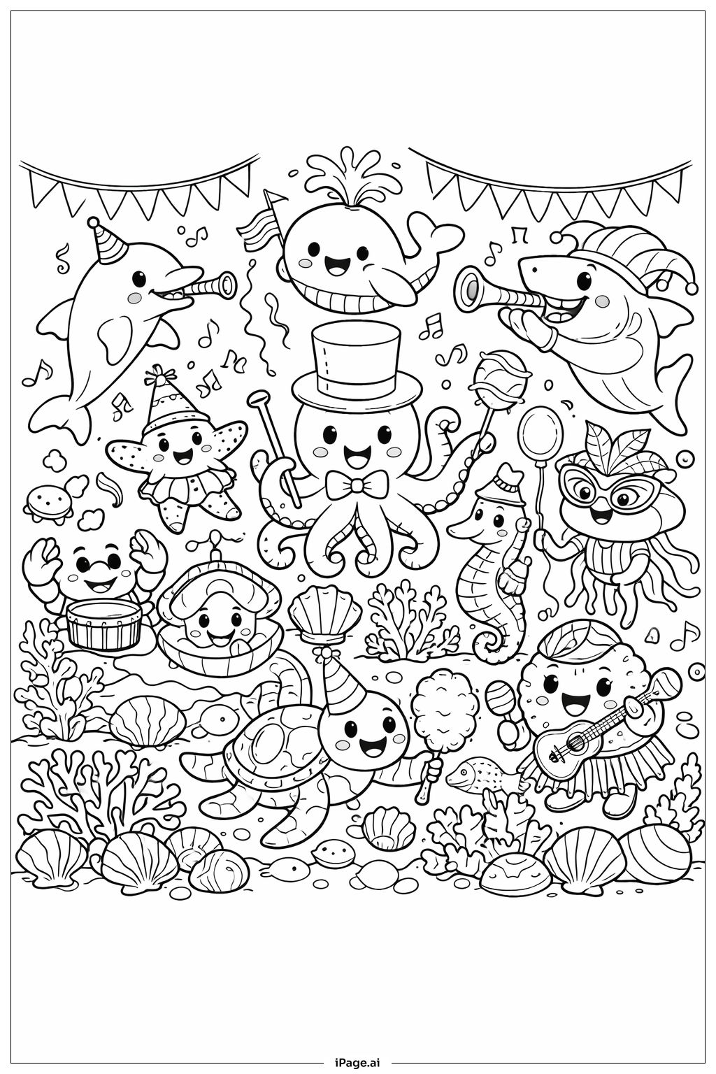  Página para colorir de Carnaval Oceânico de Emoji 