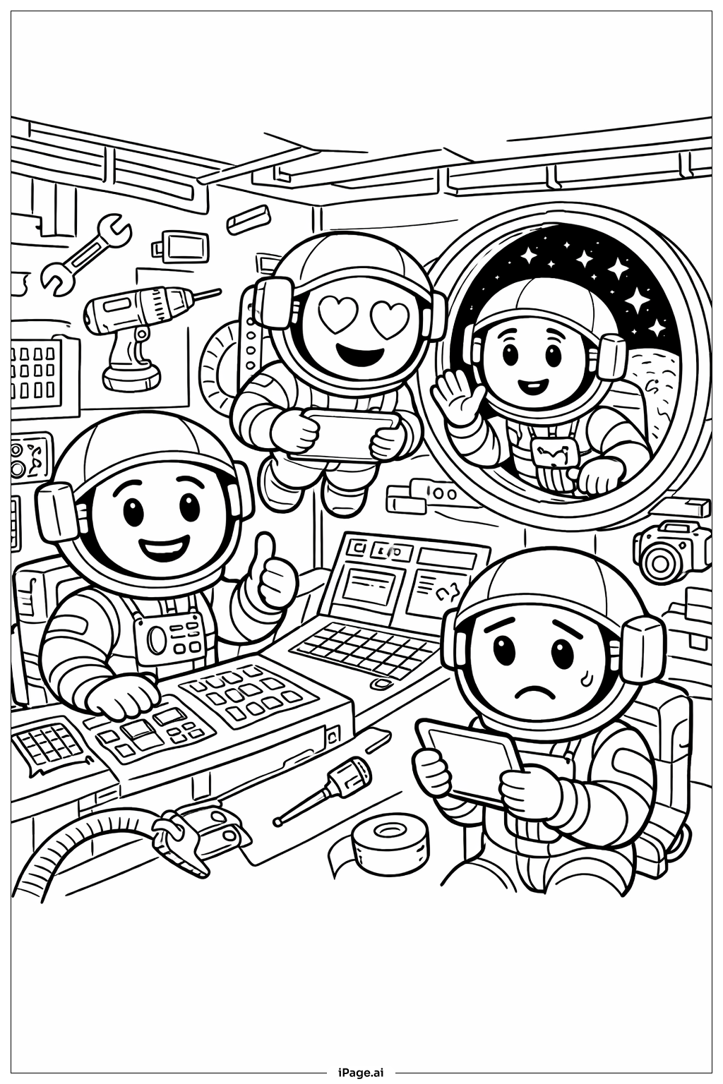 Página para colorear de Escena de Estación Espacial con Emojis
