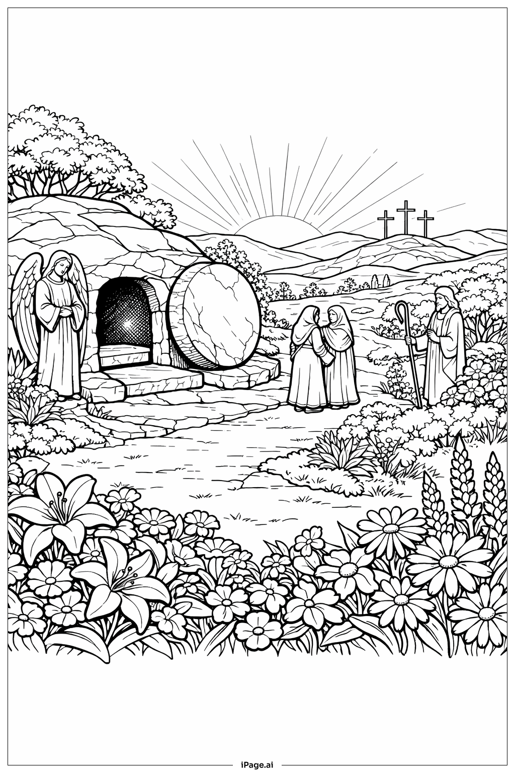 Página para colorear de Amanecer en la Tumba Vacía con Figuras del Jardín