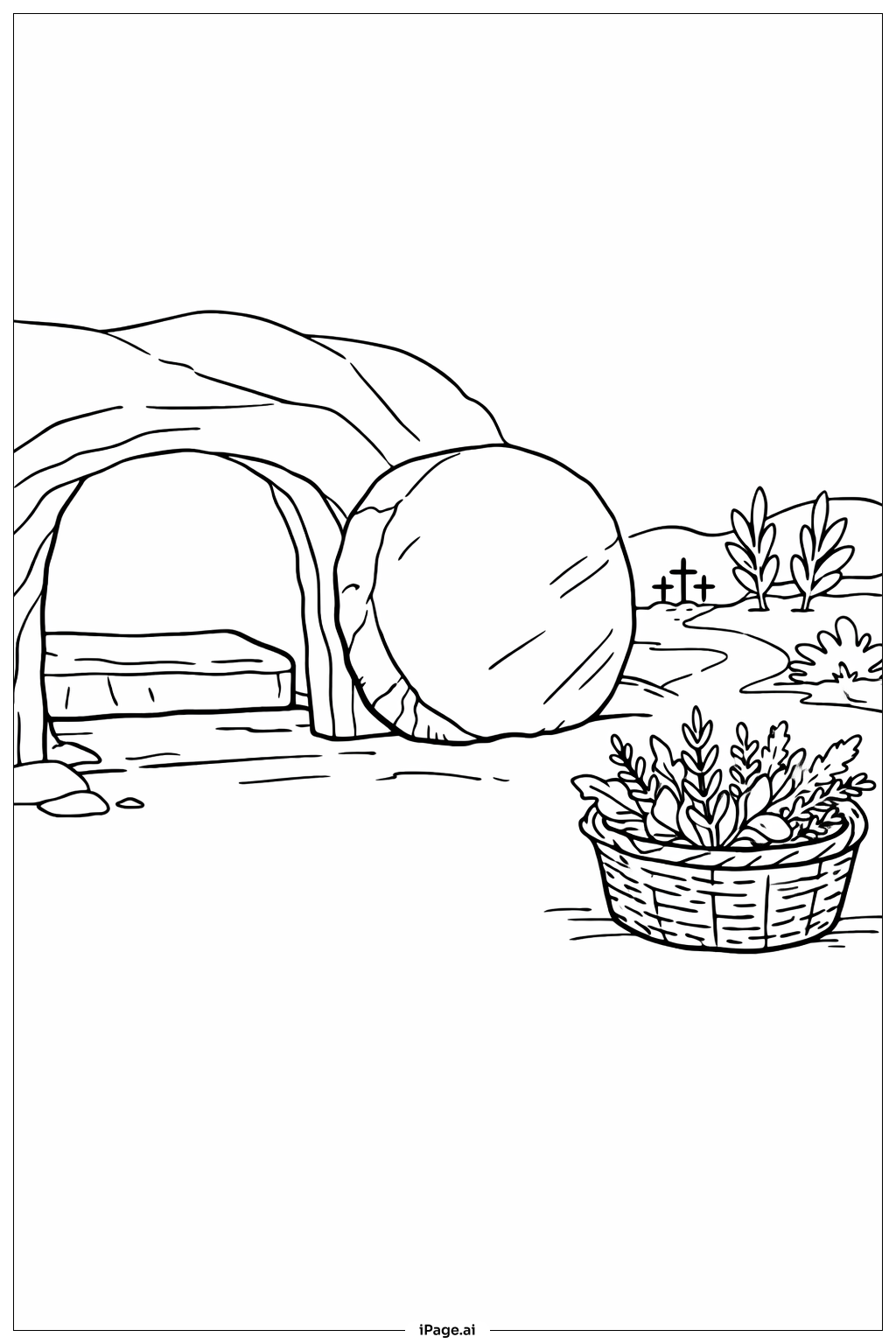  Página para colorear de Tumba Vacía con Cesta de Hierbas 