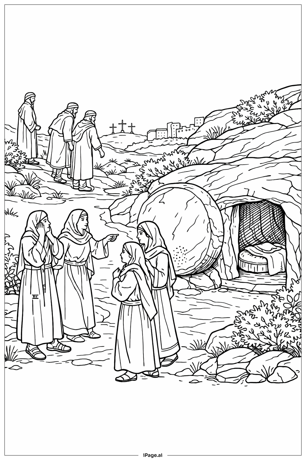  Page de coloriage Tombe vide avec foule et chemin 