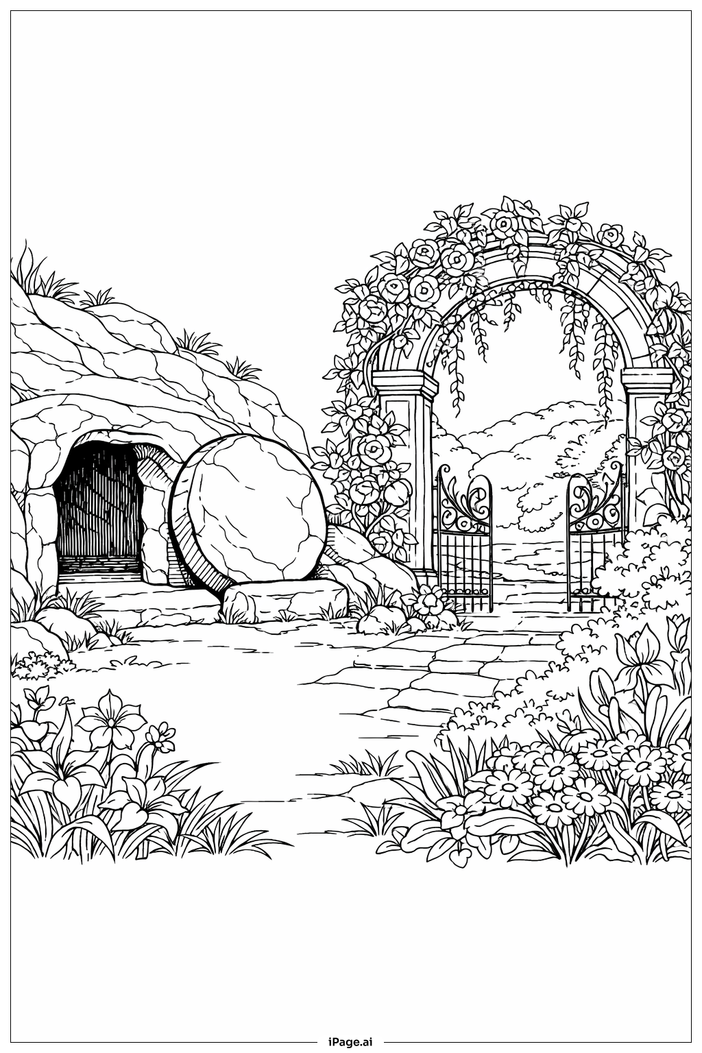 Page de coloriage Tombe Vide Avec Arche de Jardin Détaillée 