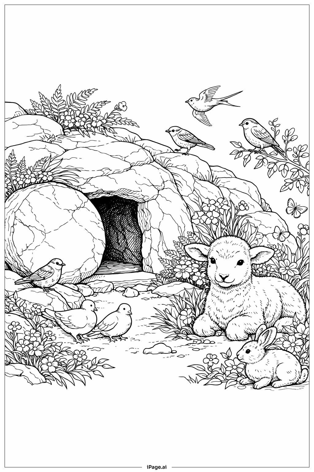  Page de coloriage Tombe vide avec plusieurs animaux 