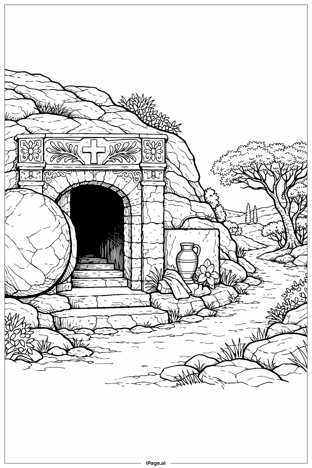  Page de coloriage Tombe vide avec sculptures en pierre 