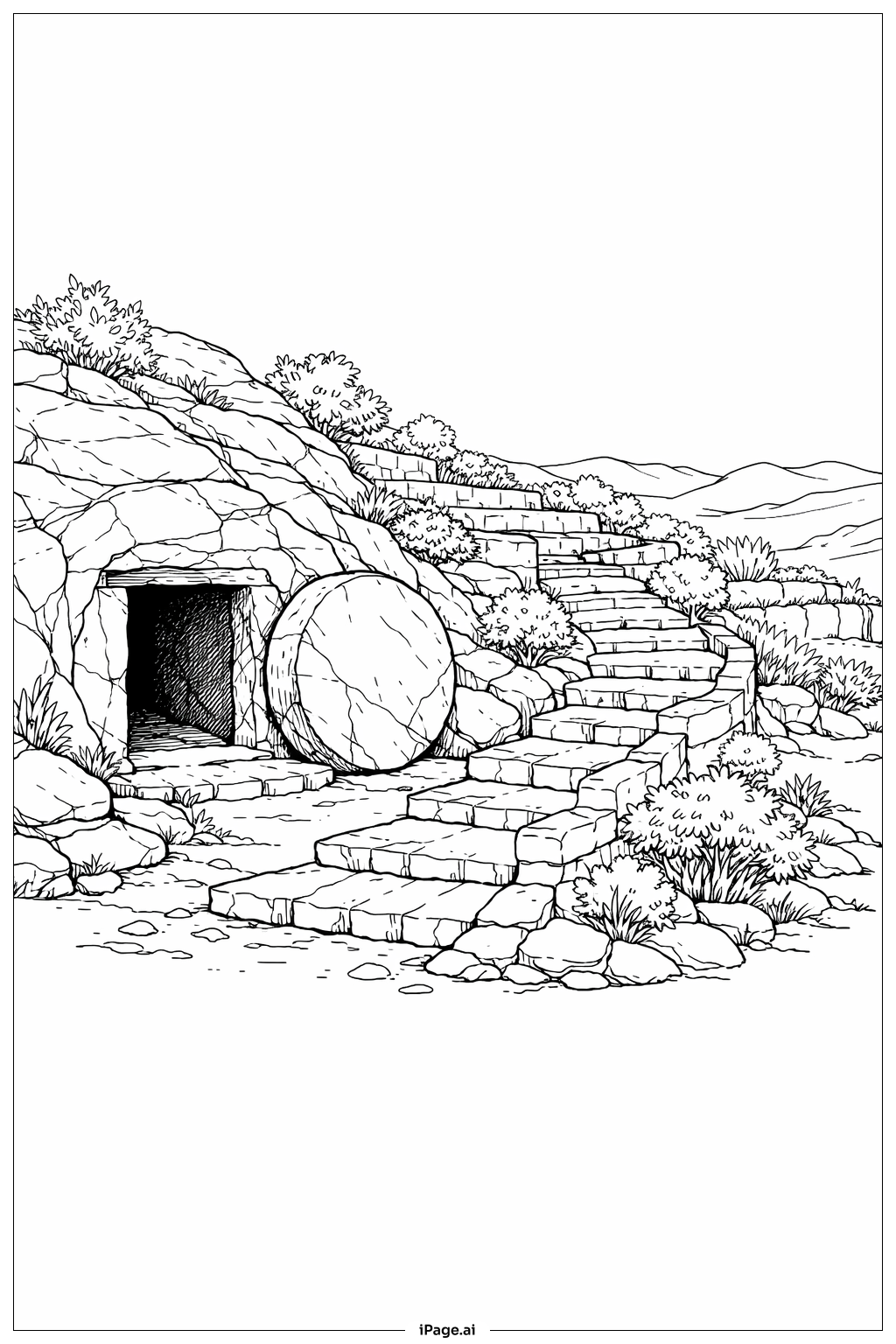  Page de coloriage Tombe Vide Avec Escaliers en Pierre Sinueux 