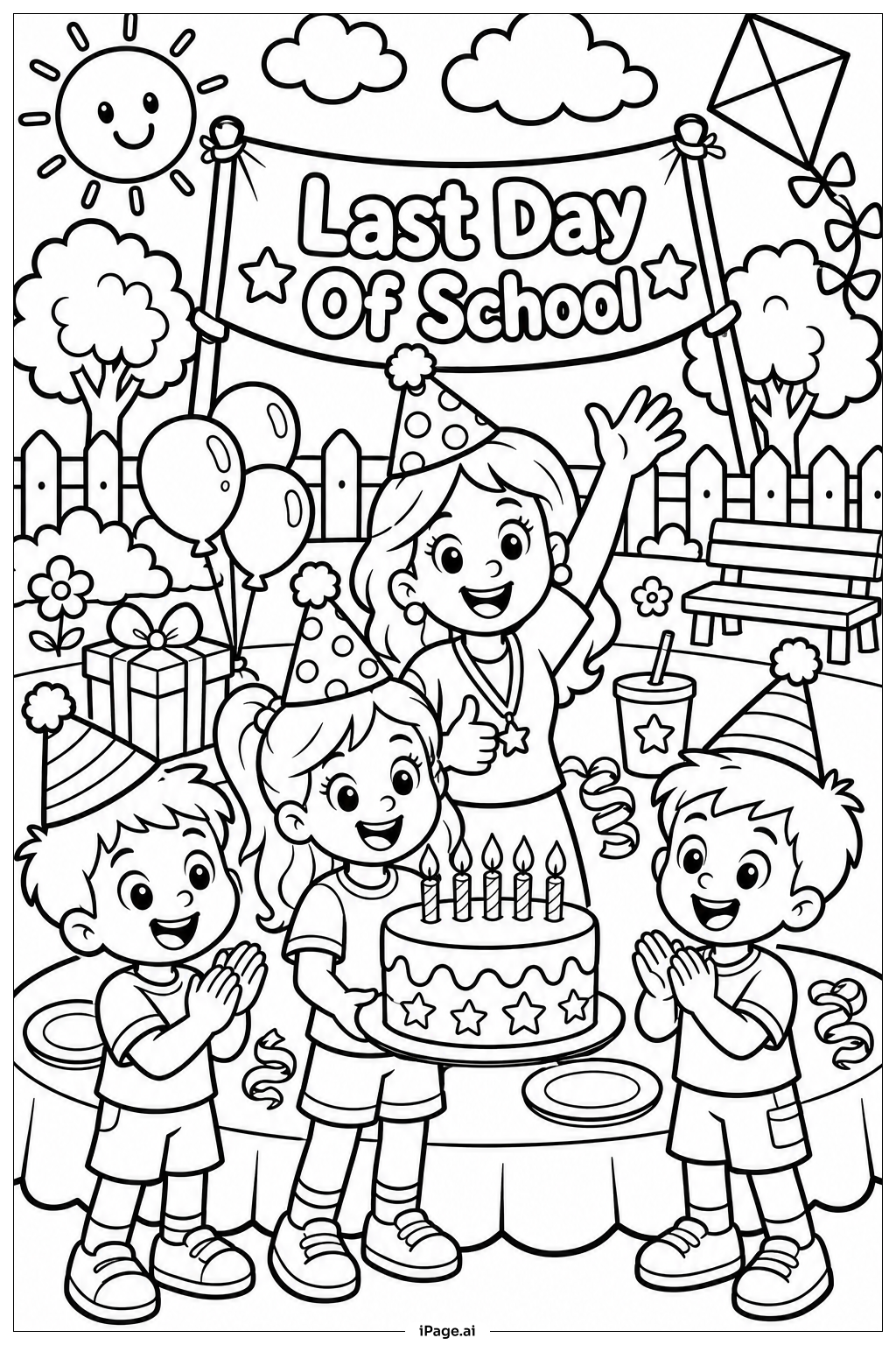 学年末パーティー・学校最終日の塗り絵ページ