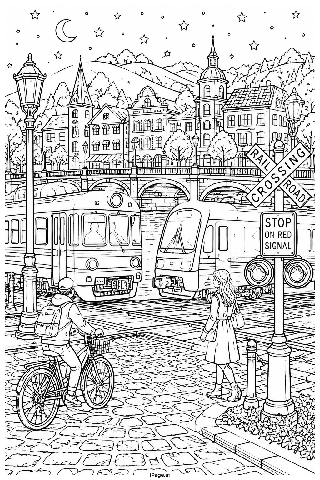 Evening Train Crossing Coloring Page