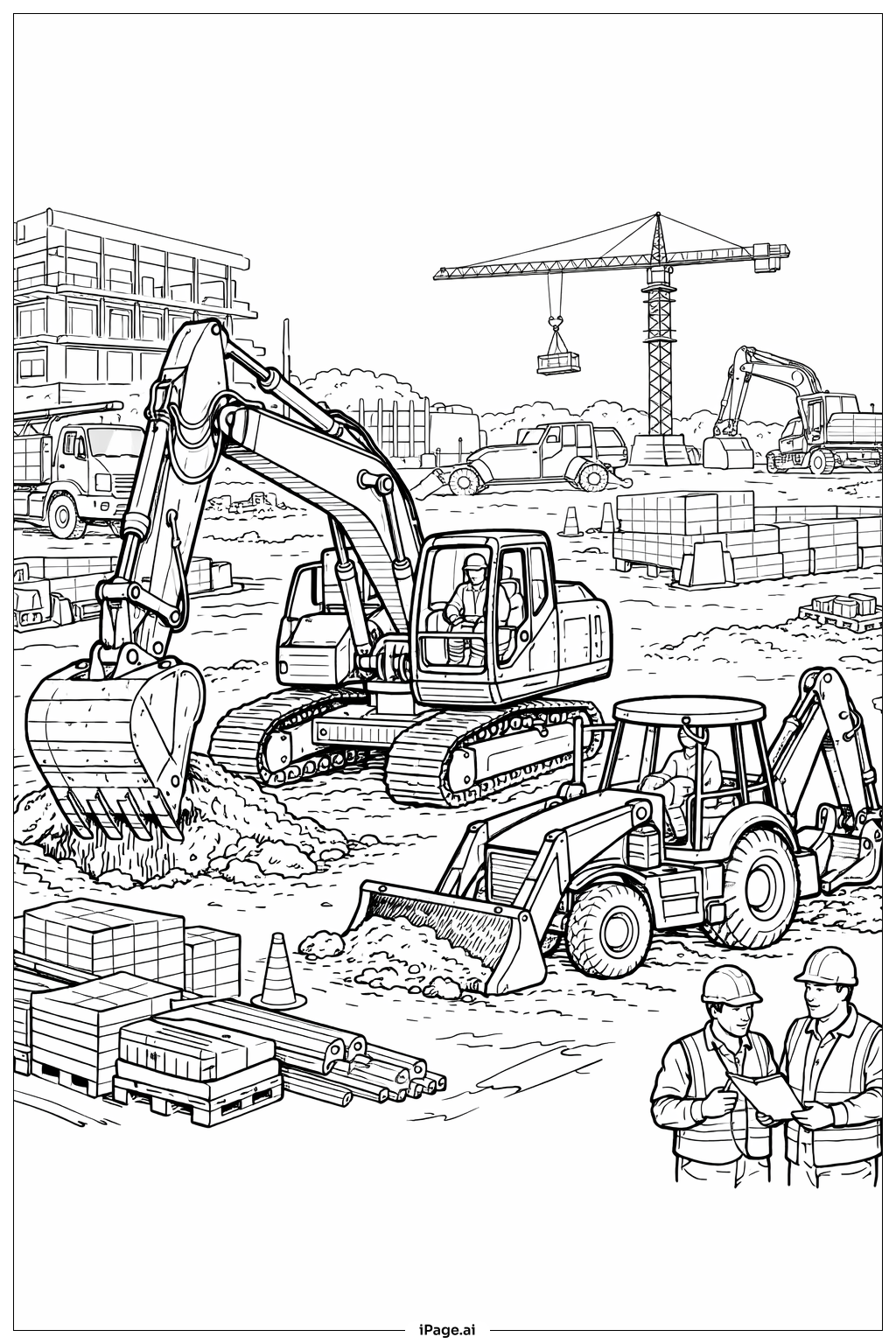  Excavator And Backhoe Team Coloring Page 