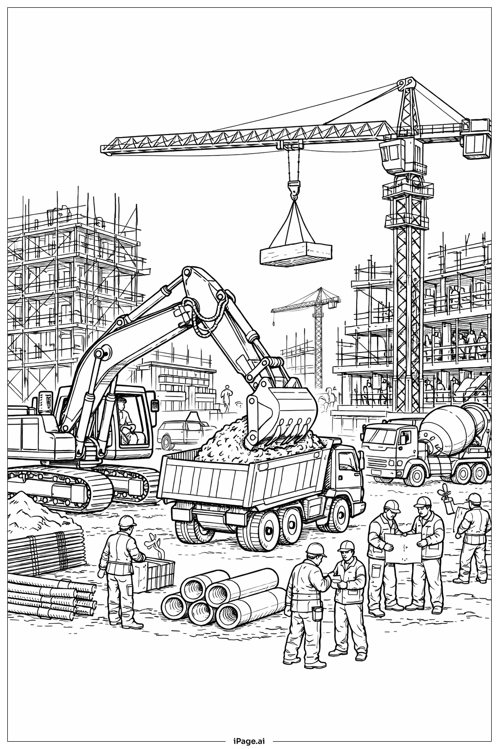  Excavator And Crane On Busy Site Coloring Page 