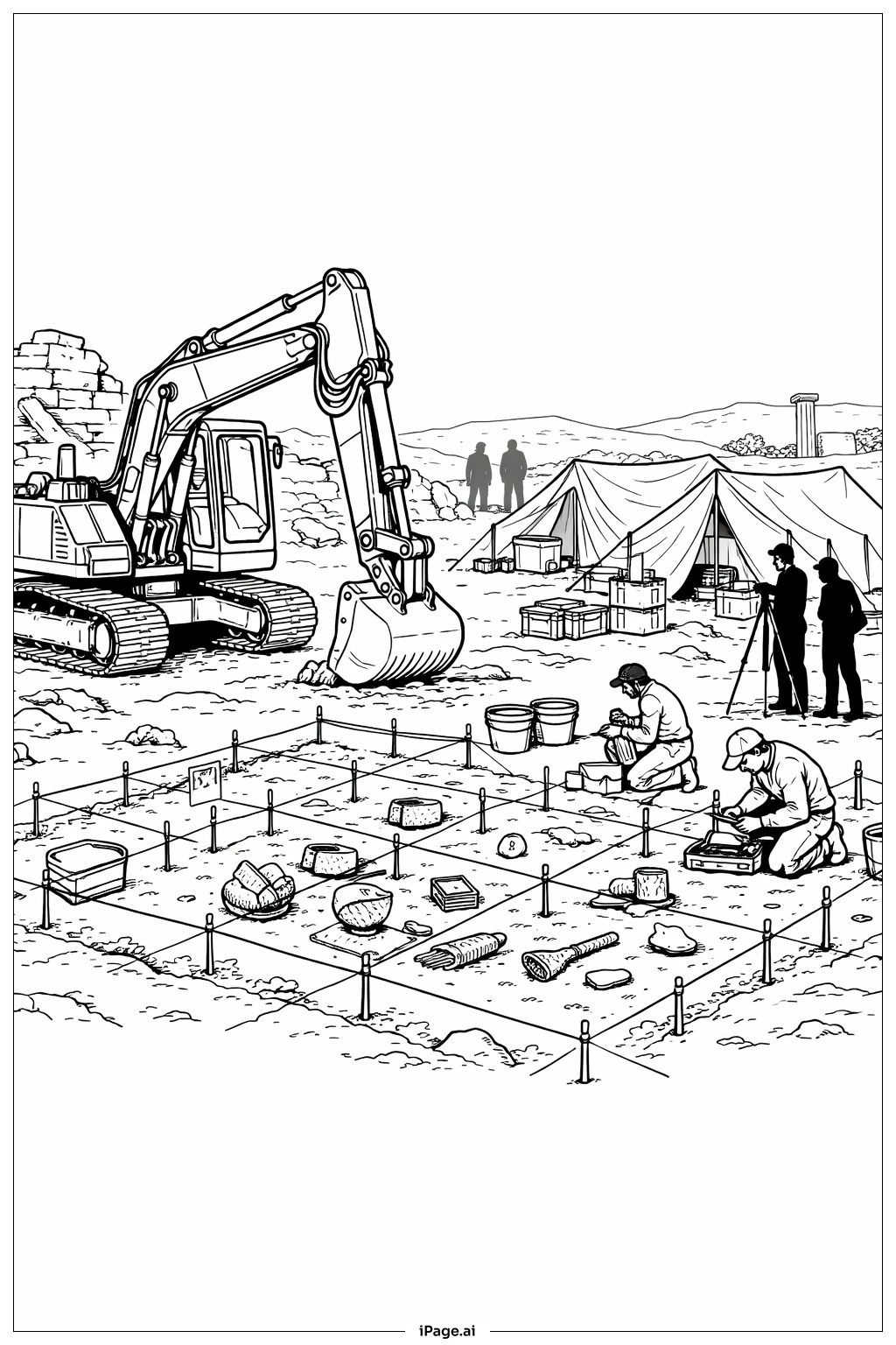  Bagger an einer archäologischen Ausgrabungsstätte Ausmalseite 