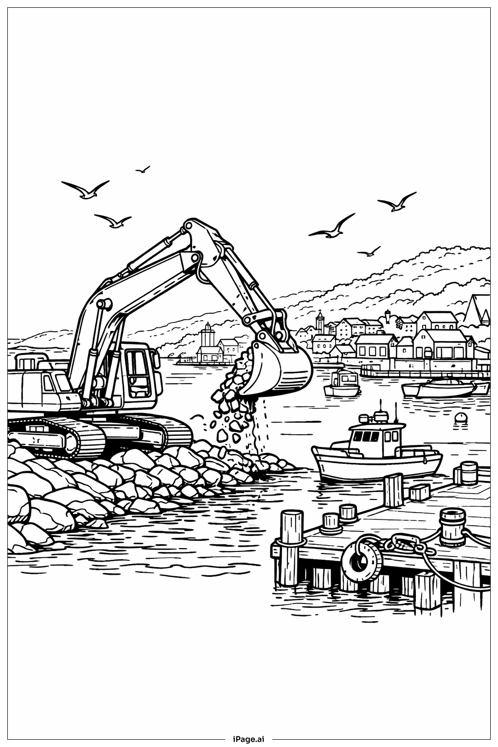  Excavator At Coastal Harbor Build Coloring Page 