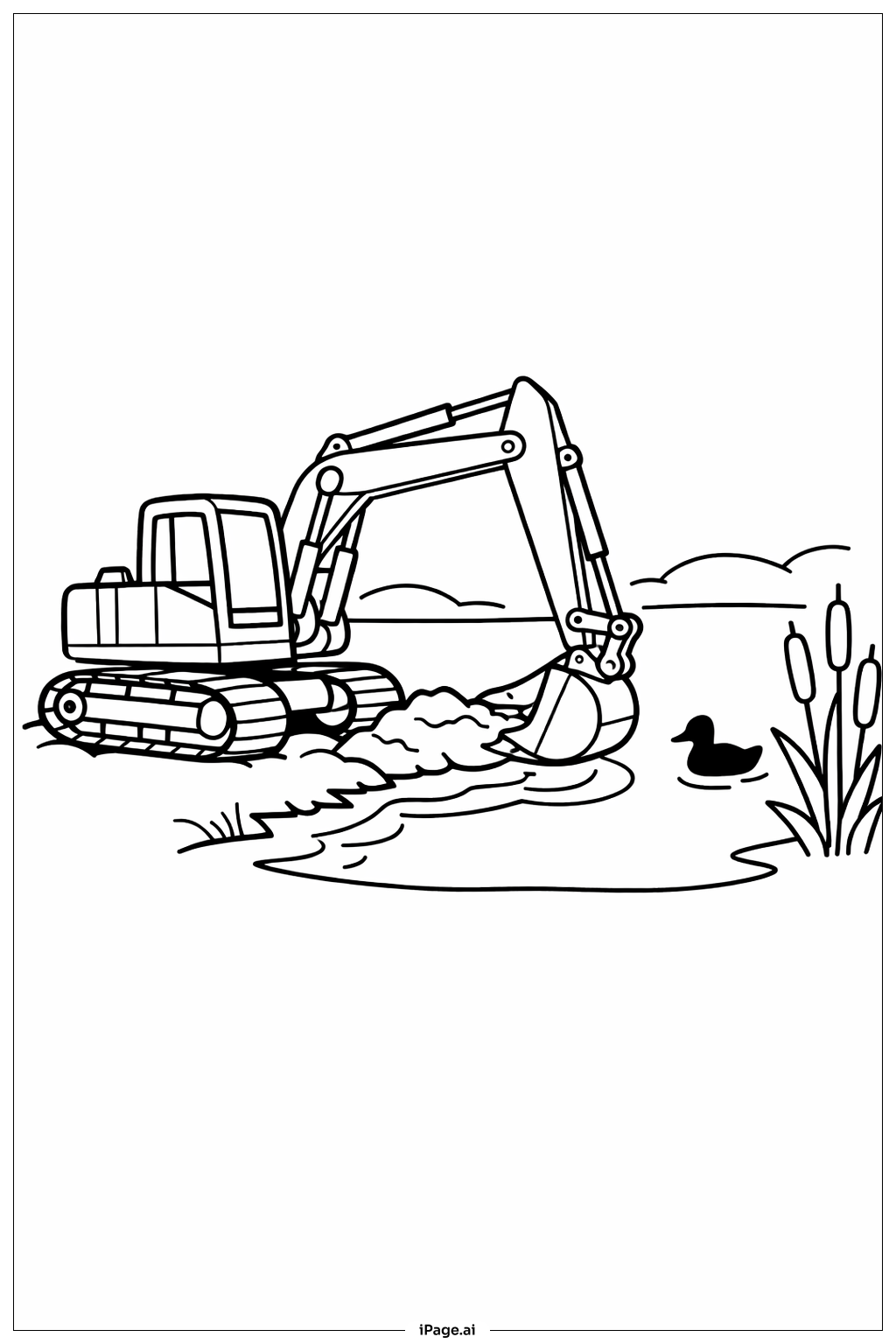 Página para colorir de Escavadora na Beira do Lago 