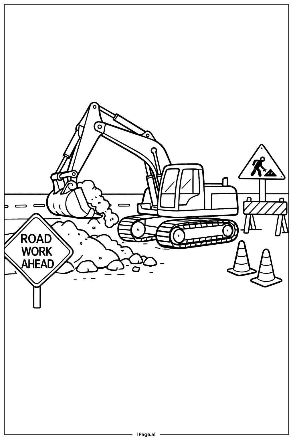  도로 작업 중인 굴착기 색칠공부 페이지 