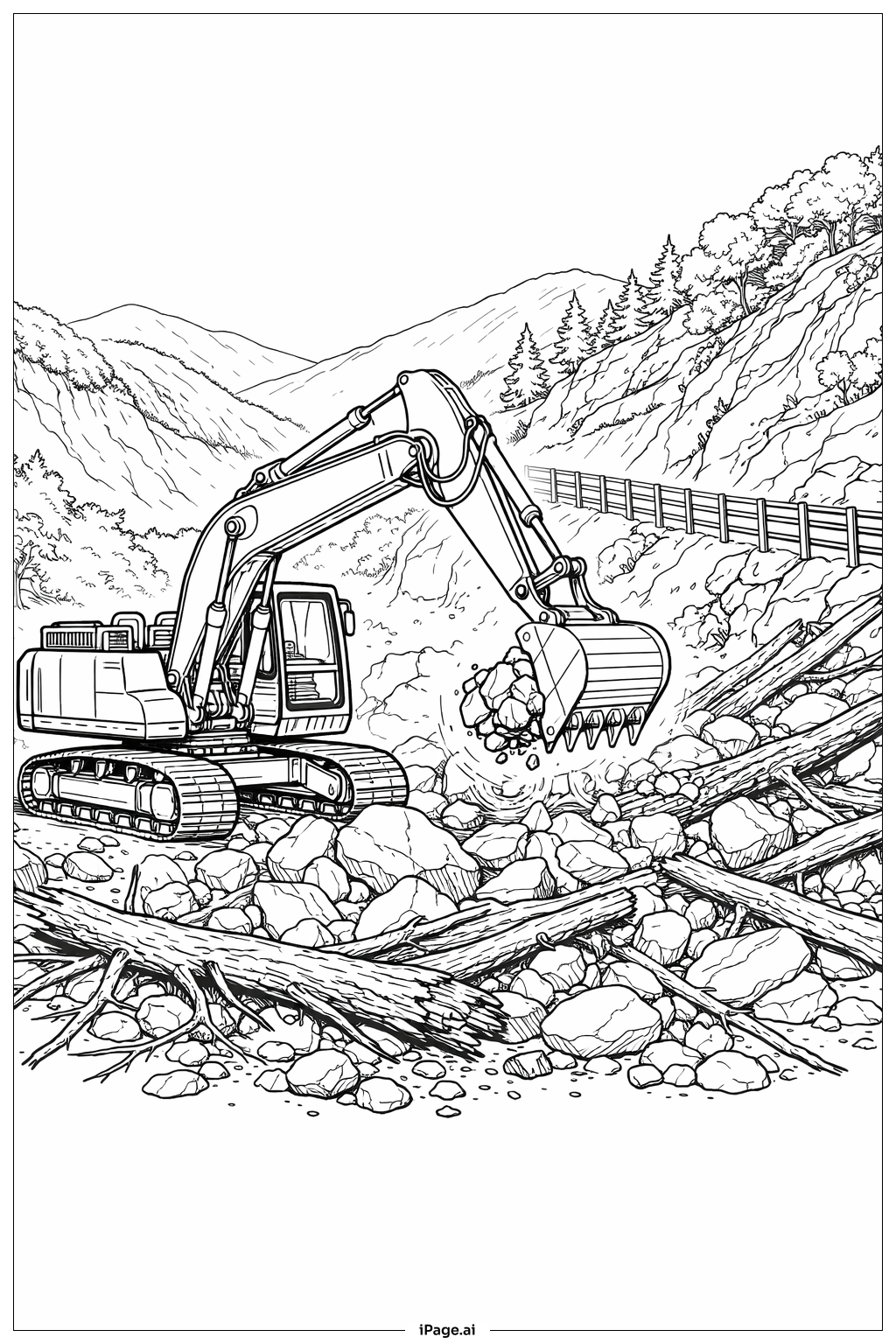 산사태 지역 정리하는 굴착기 색칠공부 페이지 