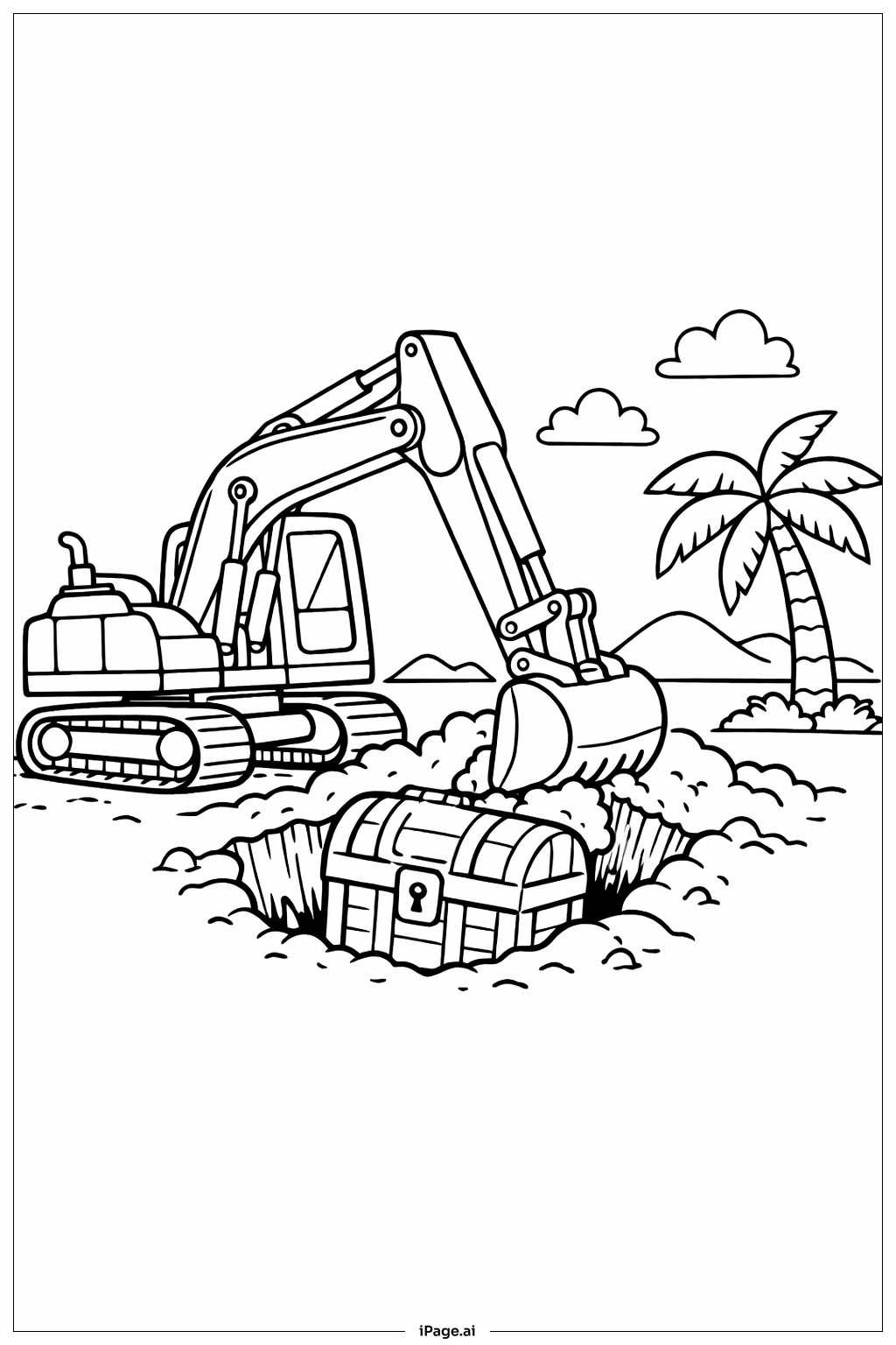  挖掘机挖宝藏填色页 