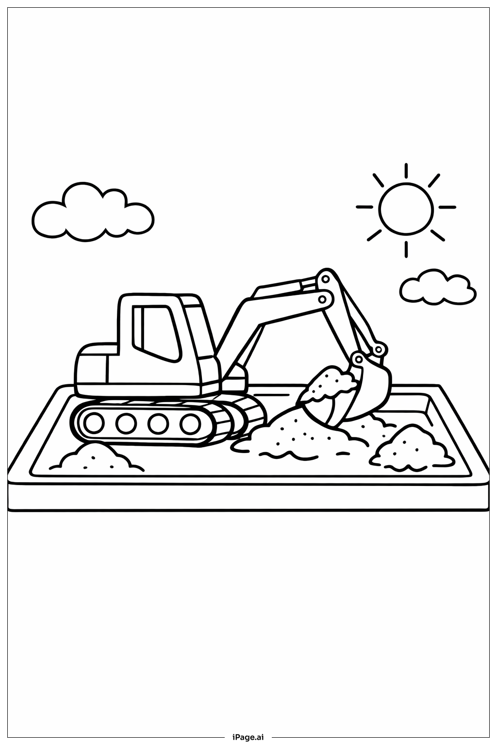  Página para colorir de Escavadeira Cavando na Caixa de Areia 