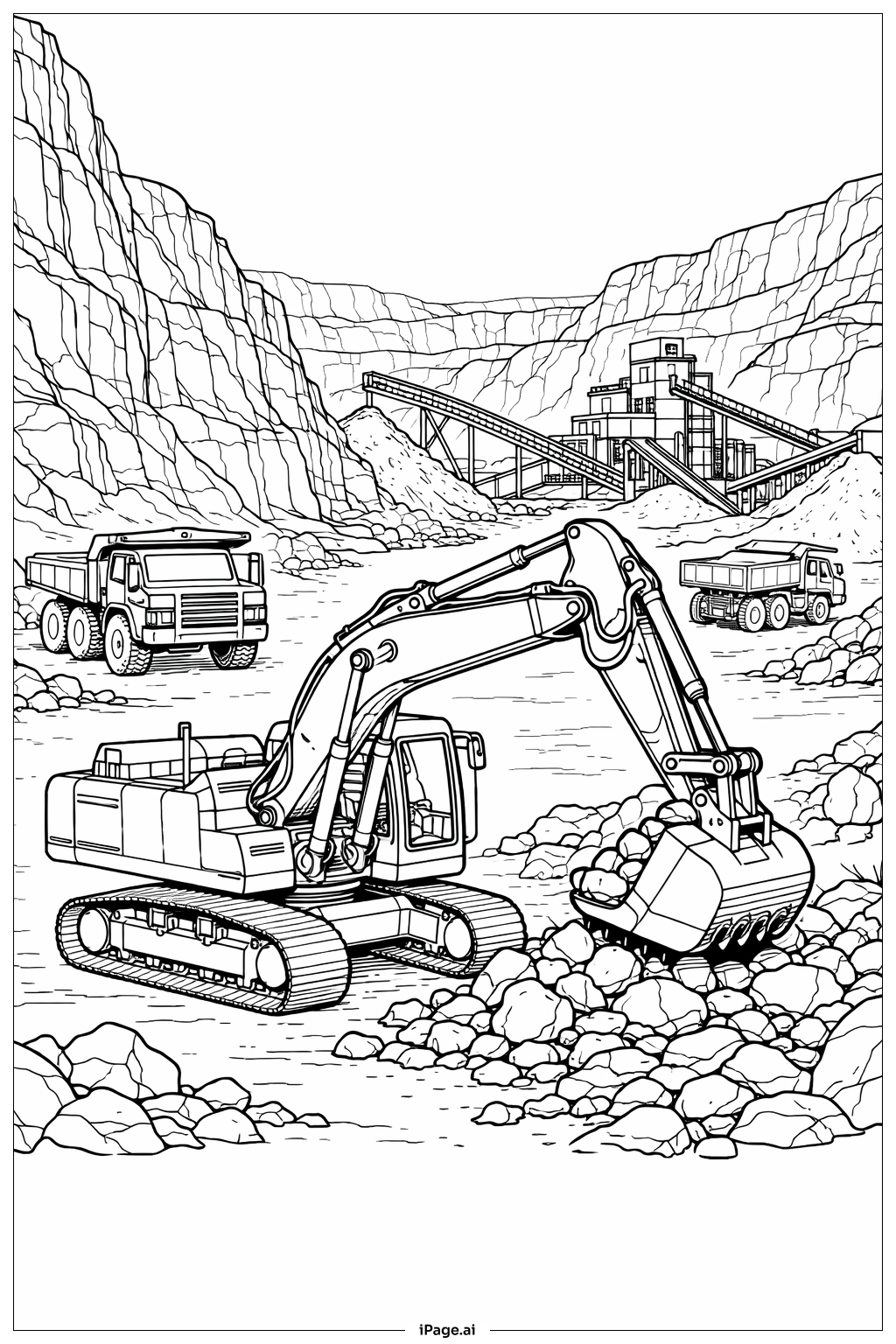  암석 채석장에서의 굴착기 색칠공부 페이지 