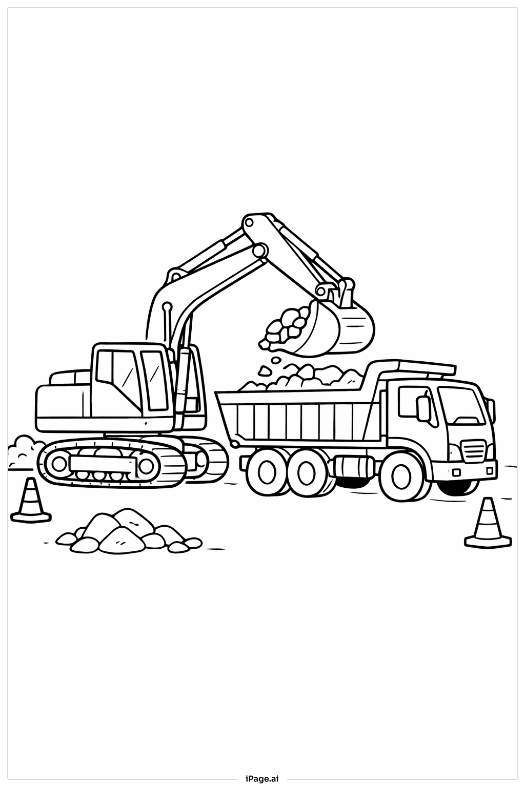  Página para colorir de Escavadora Carregando um Caminhão Basculante 
