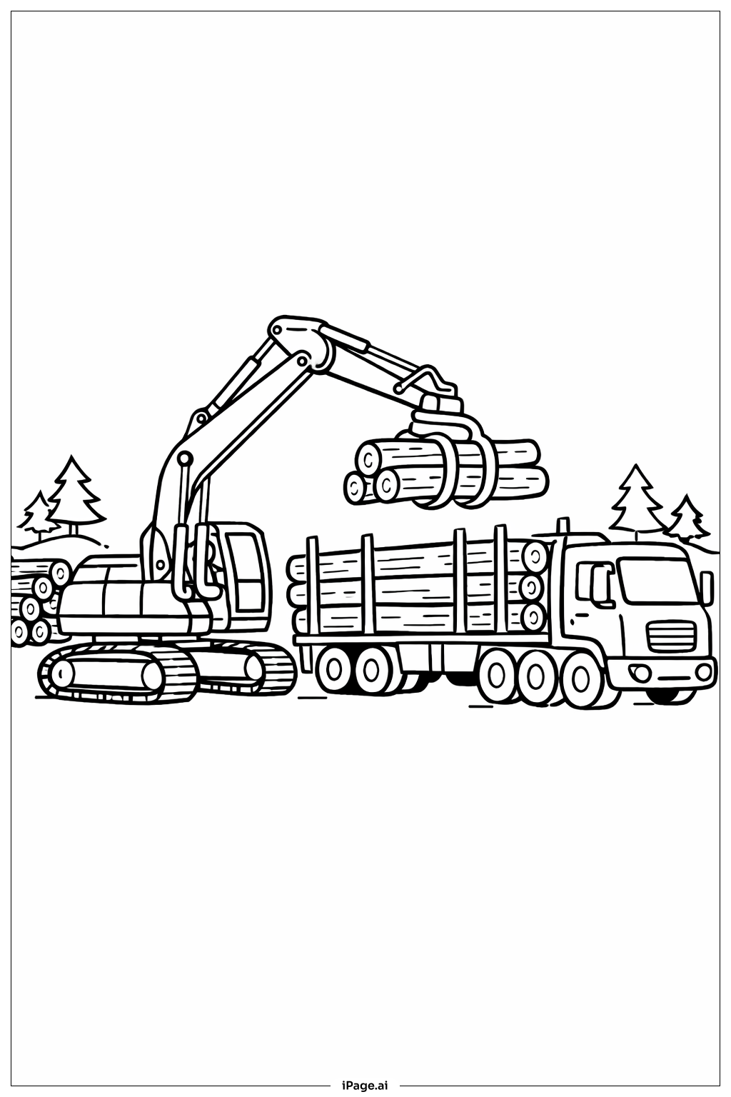  Page de coloriage Chargeuse sur chenilles chargeant des bûches 