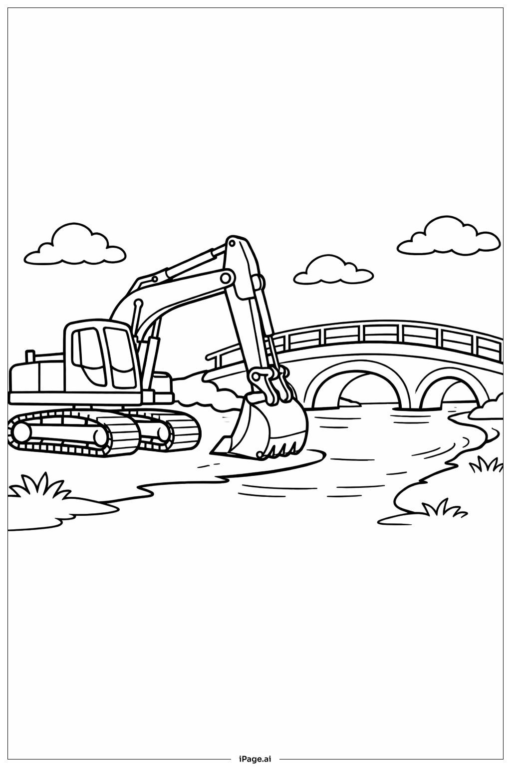  Trang tô màu Máy xúc gần cây cầu 