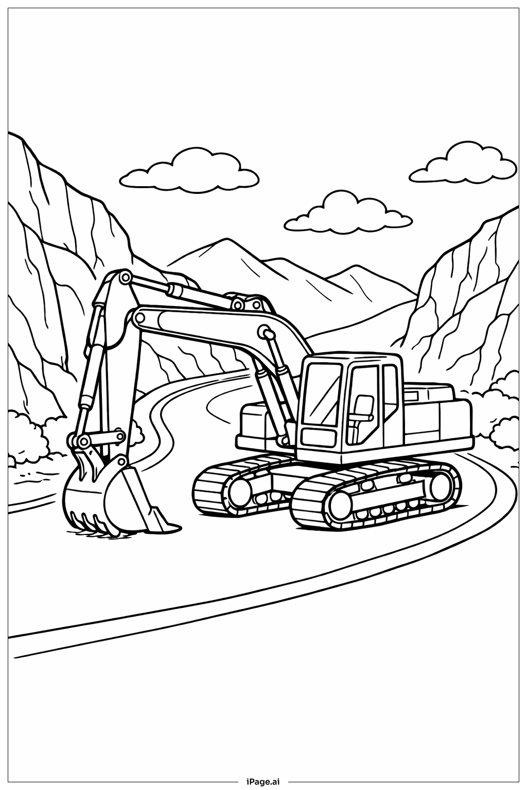  山路上的挖掘机填色页 