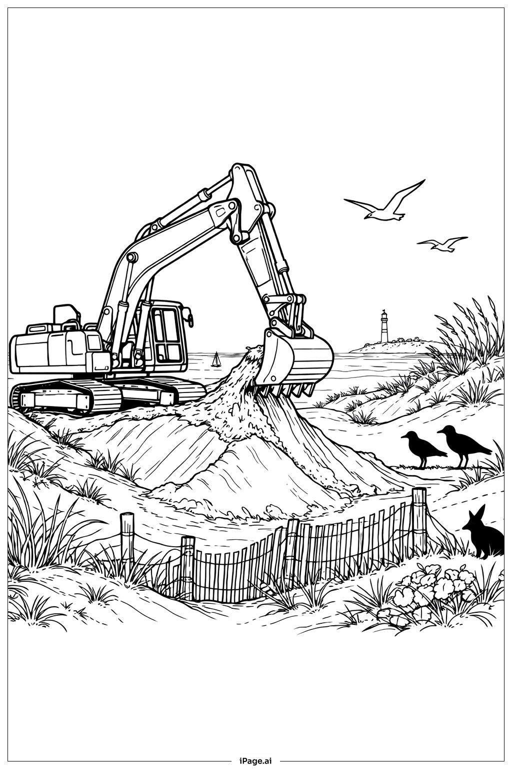  挖掘机修复海岸沙丘填色页 