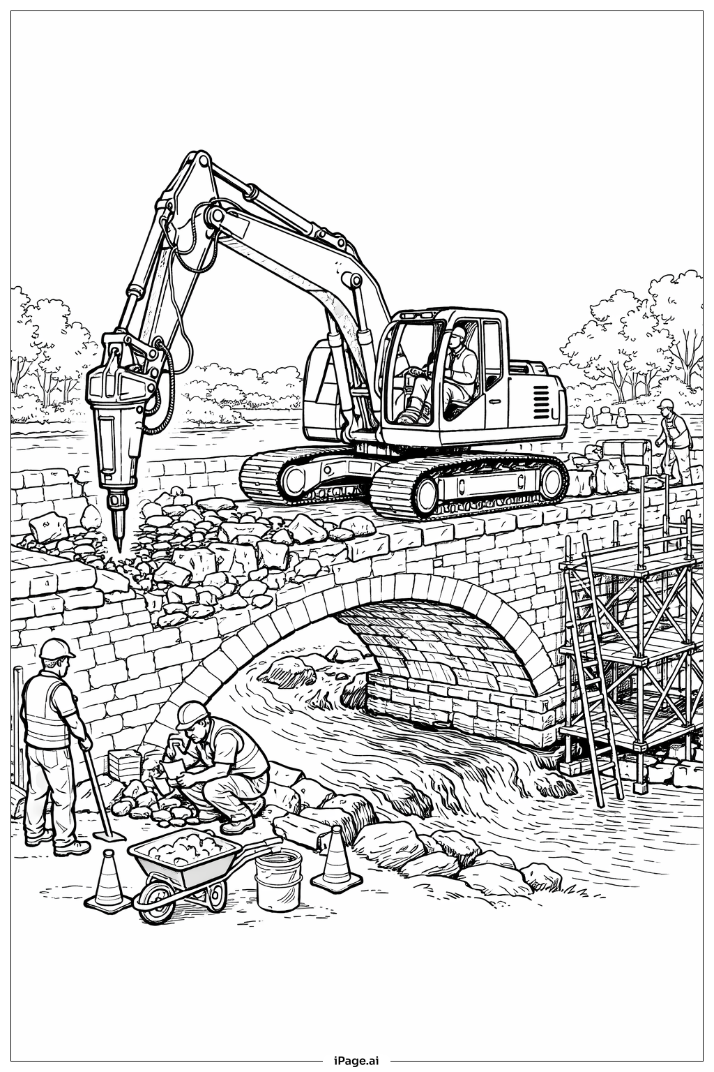  Bagger restauriert alte Straßenbrücke Ausmalseite 